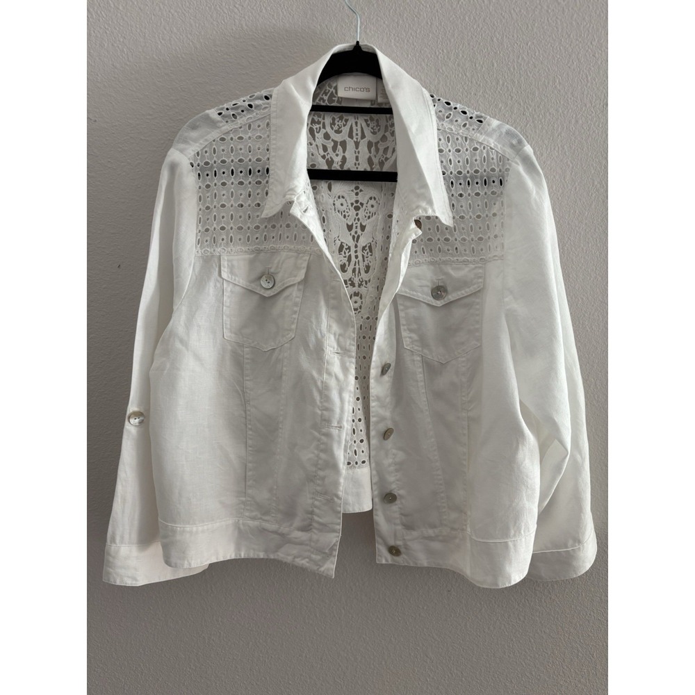 Chicos Jacket Womens Sz 3 (XL) White Linen Eyelet Lace Back Button Front Cropped